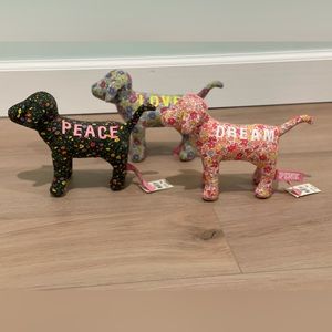 Victoria’s Secret PINK floral DREAM LOVE PEACE plush dog SET OF 3